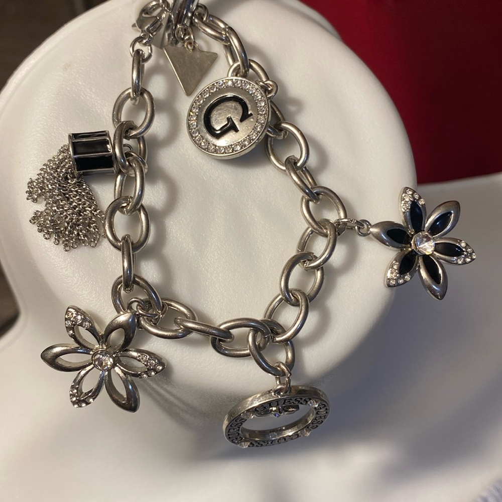 Guess Women's Black and Silver Tone Charm Bracelet